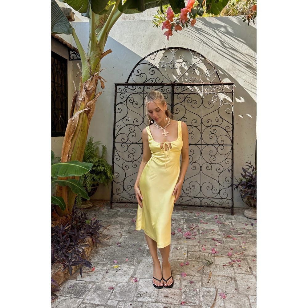 12th Tribe Daphne Yellow Satin Midi Dress Cutout Front Tie M NWT‎
